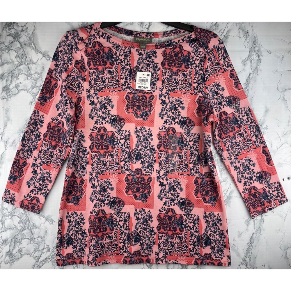 Style & Co. Womens Size Medium Pima Cotton Floral Print Top pink and blue